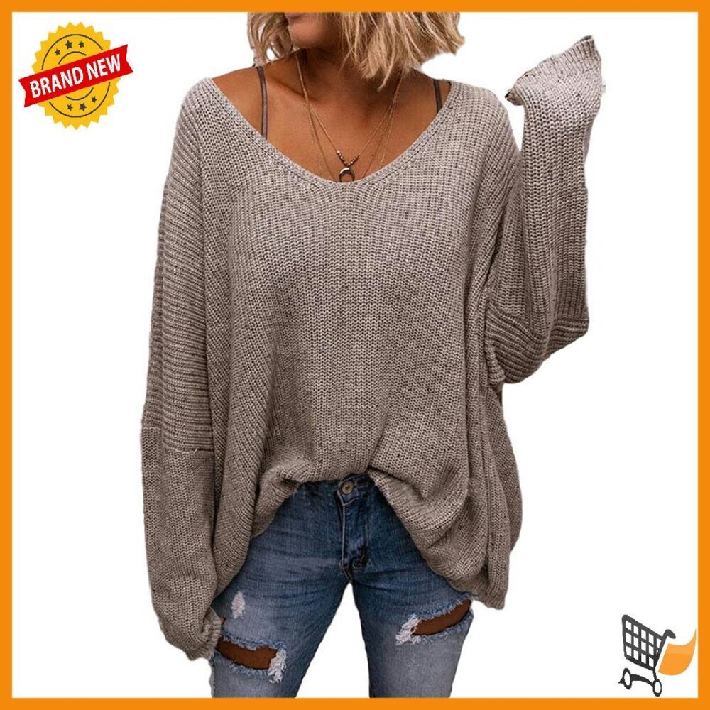 Oversized V-Neck Pullover Sweater - Soft Knit Long Sleeve Top